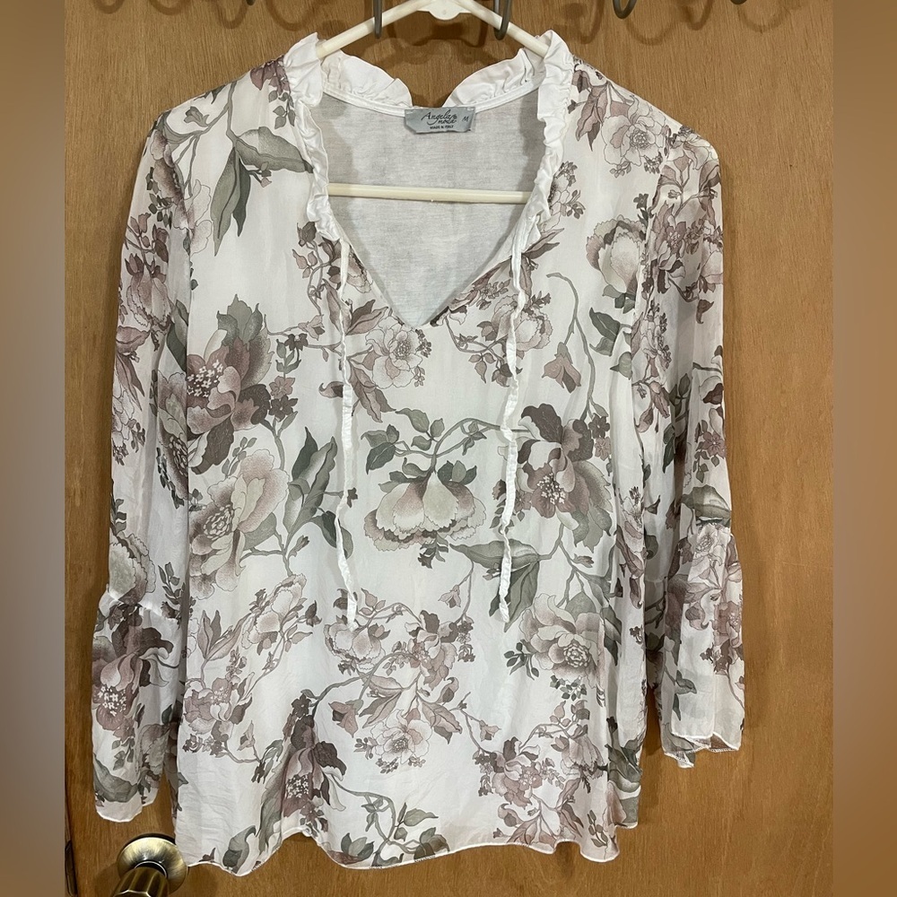 #107-ANGELA MODA-Made In Italy Pure Silk Floral Ruffle LongSleeve Blouse
